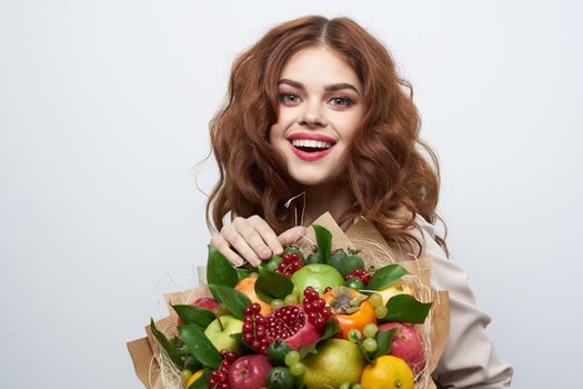 beautiful woman fashionable hairstyle bouquet of flowers decoration Studio Model. High quality photo