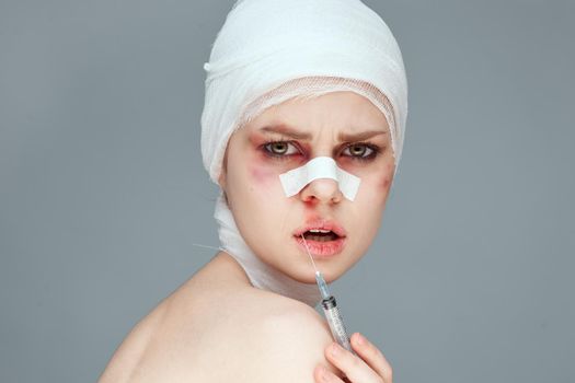 female patient plastic surgery operation bare shoulders studio lifestyle. High quality photo