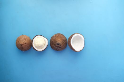 slice of fresh coconut on a blue background .