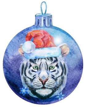Watercolor Christmas violet ball with tiger isolated on a white background.