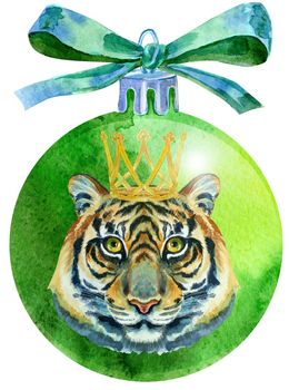 Watercolor Christmas green ball with bow and tiger isolated on a white background.