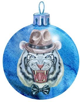 Watercolor Christmas blue ball with tiger isolated on a white background.