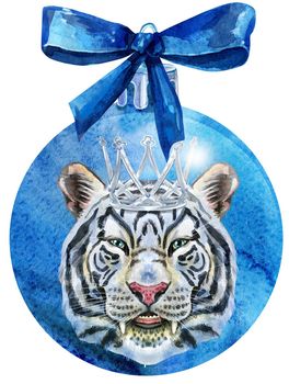 Watercolor Christmas blue ball with bow and tiger isolated on a white background.