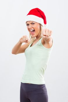 Determined woman with Santa hat  said  no to unhealthy life for holidays.