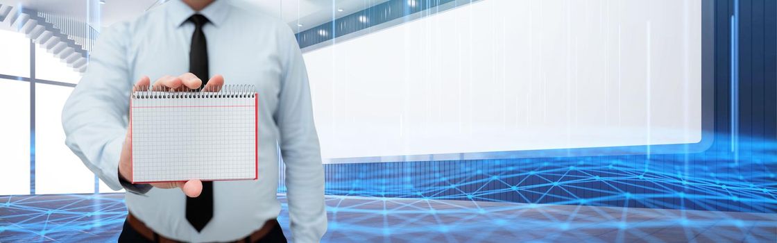 Man Wearing Black Tie Holding Notebook Around Futuristic Technology.