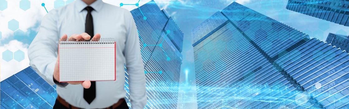 Man Wearing Black Tie Holding Notebook Around Futuristic Technology.