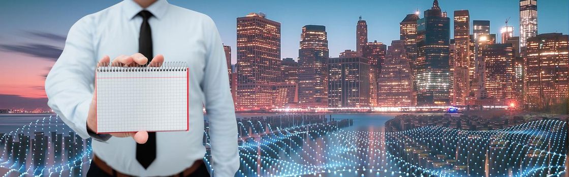 Man Wearing Black Tie Holding Notebook Around Futuristic Technology.