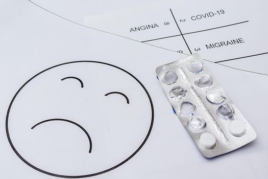 Used packaging of antiviral pills and antibiotics. Sad smiley showing the lack of drugs in the world