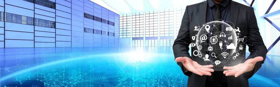 Businessman Presenting With Both Open Hands Showing Futuristic Technology.