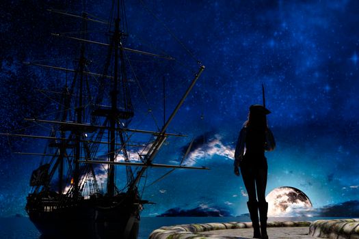 Pirate woman watching the pirate sail ship at moonlight - 3d rendering