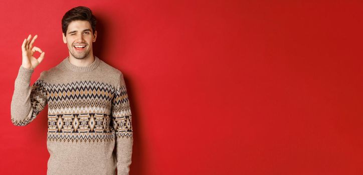 Concept of christmas celebration, winter holidays and lifestyle. Image of handsome and confident man in xmas sweater, guarantee something, showing okay sign and smiling, red background.