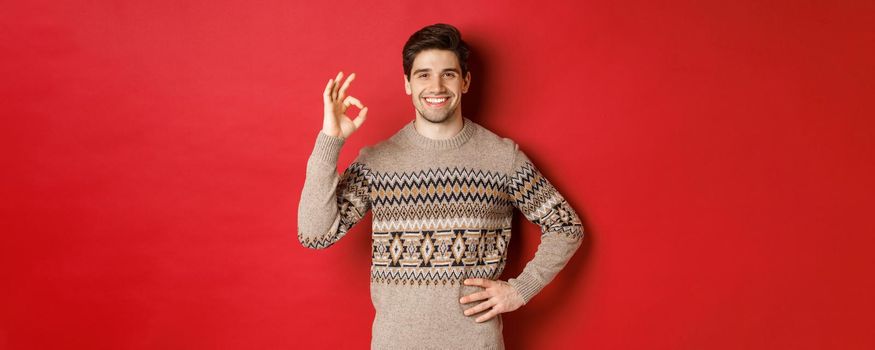 Concept of christmas celebration, winter holidays and lifestyle. Portrait of attractive man in xmas sweater, smiling happy and showing okay sign, praise something good, red background.