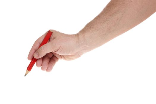 Hand holds a red construction pencil on a white background, a template for designers.