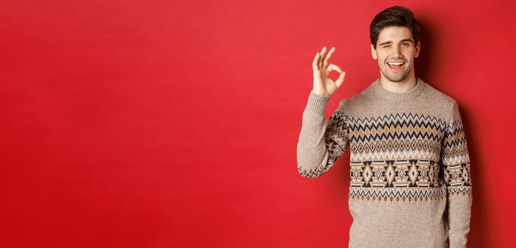Concept of christmas celebration, winter holidays and lifestyle. Image of handsome and confident man in xmas sweater, guarantee something, showing okay sign and smiling, red background.