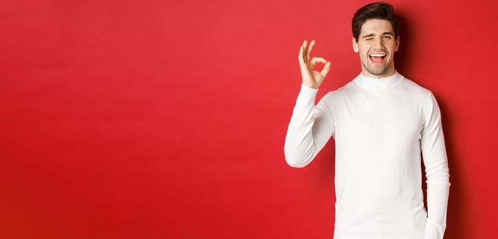 Concept of winter holidays, christmas and lifestyle. Handsome man in white sweater winking at you, showing okay sign and smiling, guarantee quality, recommending something.