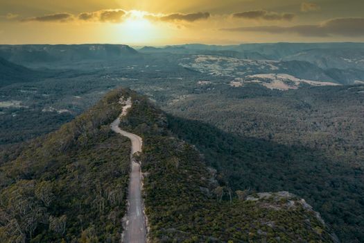 Drone aerial photograph of Hargraves Lookout and forest in Megalong Valley in the Blue Mountains in Australia