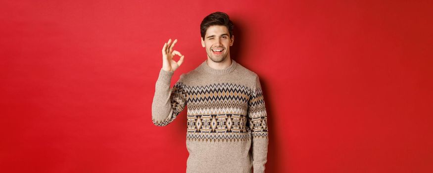 Concept of christmas celebration, winter holidays and lifestyle. Image of handsome and confident man in xmas sweater, guarantee something, showing okay sign and smiling, red background.