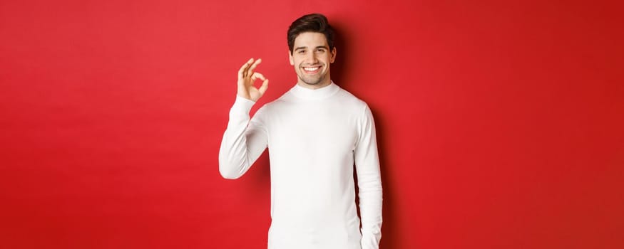 Portrait of happy and satisfied handsome man, wearing white sweater, showing okay sign and smiling, approve something good, recommending shop, standing over red background.