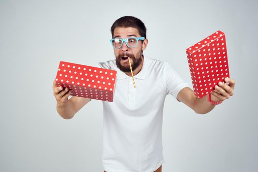 bearded man box with gift holiday fun birthday. High quality photo