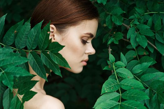 attractive woman Cosmetology nature green leaves glamor Lifestyle. High quality photo