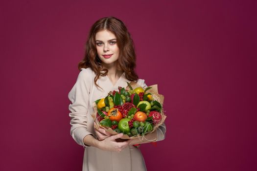 pretty woman fashionable hairstyle bouquet of flowers decoration isolated background. High quality photo