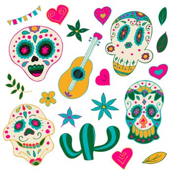 Skull Printable Sticker Pack. Day of the Dead, Dia de los Muertos. Sugar Skulls with Colorful Mexican Elements and Flowers. Fiesta, Halloween, Holiday Poster, Party Flyer.