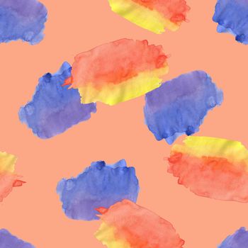 Seamless Pattern with Red, Yellow, Blue Watercolor Spots. Hand Drawn Blobs on Red Background.