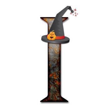 3D render of  halloween alphabet capital letter with wizard hat embellished with pumpkin
