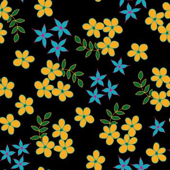 Seamless Repeat Pattern with Flowers and Leaves on black background. Hand drawn fabric, gift wrap, wall art design.