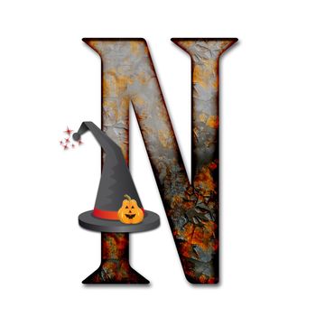 3D render of halloween alphabet capital letter with wizard hat embellished with pumpkin