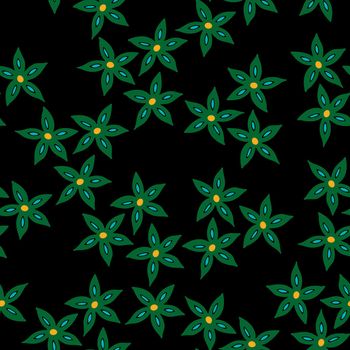 Seamless Repeat Pattern with Flowers and Leaves on black background. Hand drawn fabric, gift wrap, wall art design.