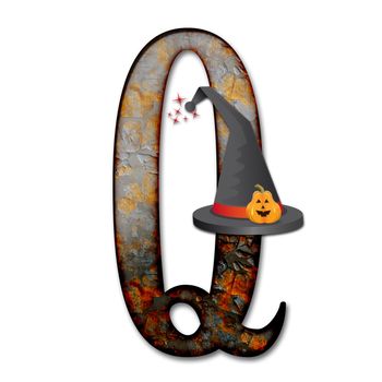 3D render of halloween alphabet capital letter with wizard hat embellished with pumpkin