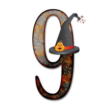 3D render of halloween number with wizard hat embellished with pumpkin