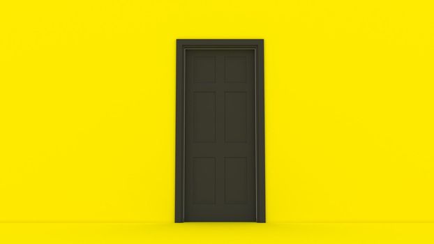 Yellow wall black door open empty mockup interior room architecture concept 3d render