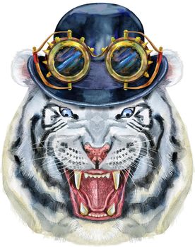White aggressive tiger with open mouth and huge fangs with hat bowler and steampunk glasses
