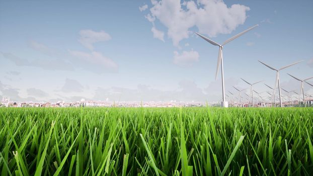 Wind generators Power electric plant Sustainable energy eco green grass landscape 3d render