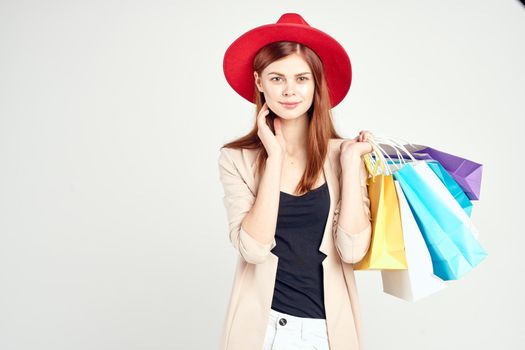 beautiful woman attractive look shopping smile light background. High quality photo