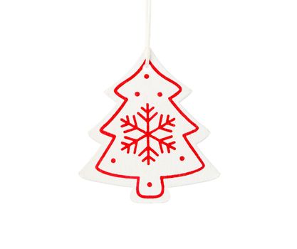 Hanging white wooden Christmas tree ornament with red snowflake isolated on white background.