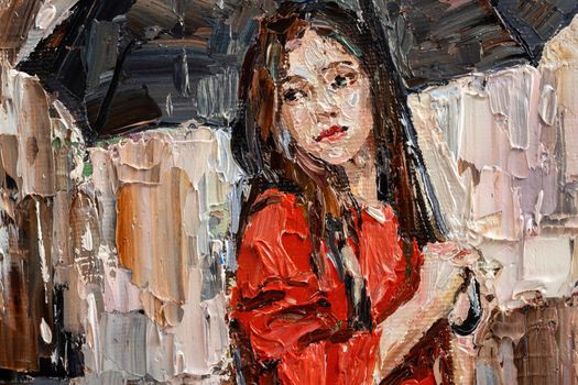 .Girl in the rain with an umbrella in her hands. A woman in a red sweater. Oil painting on canvas.