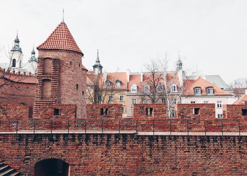 Historic Warsaw Barbican, a medieval fortification in Warsaw center- Poland.