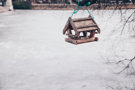 Little wood birdhouse isolated in the park in Warsaw - Poland.