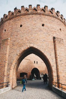 WARSAW, POLAND - Mar, 2018 Entrance of Historic Warsaw Barbican, a medieval fortification in Warsaw center- Poland