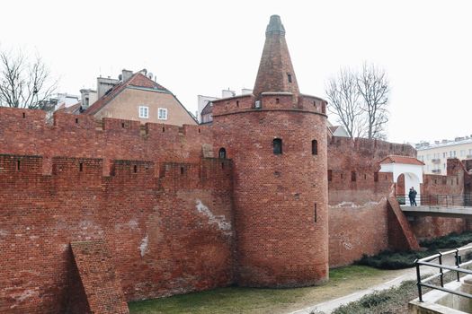 WARSAW, POLAND - Mar, 2018 Historic Warsaw Barbican, a medieval fortification in Warsaw center- Poland.