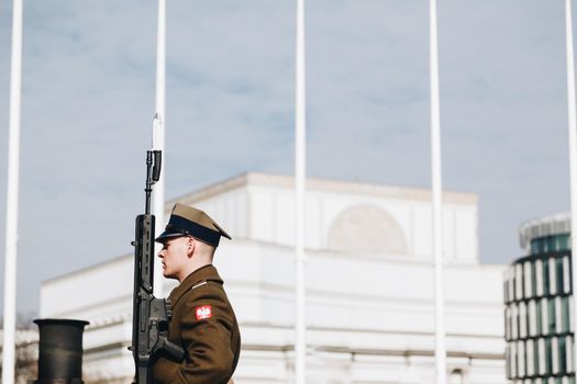 WARSAW, POLAND - Mar, 2018 Guard of honor near Tomb of the Unknown Soldier in Warsaw, Poland.