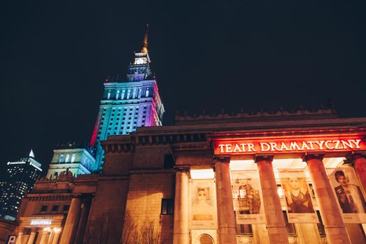 WARSAW, POLAND - Mar, 2018 Entrance of the dramaturgical theater at The Palace of Science and Culture at night