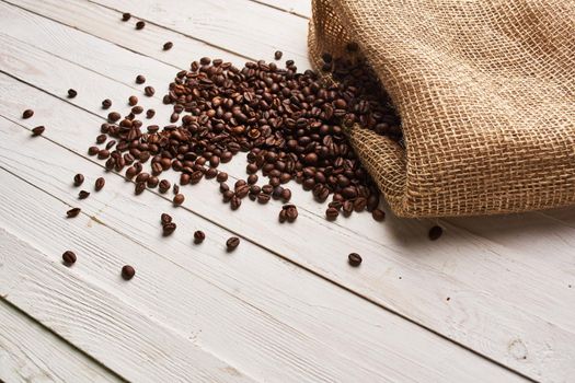 coffee beans freshly brewed beverage view from above. High quality photo