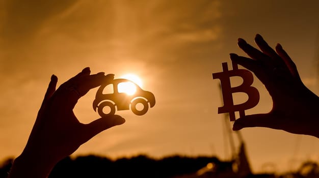 Bitcoin and car symbols in hand at sunset. sun through the sign. High quality photo