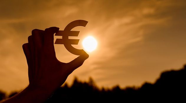 Euro symbol in women's hands contoured at sunset. High quality photo