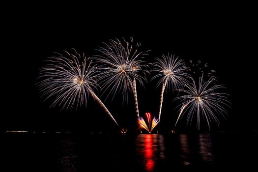 Many flashing colorful fireworks in event amazing with black background celebrate New Year, holiday and festival in night.