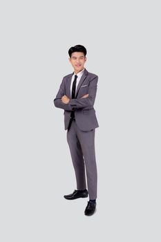 Full length portrait businessman in suit with crossed his arms standing isolated on white background, young asian business man is manager or executive having confident is positive with success.